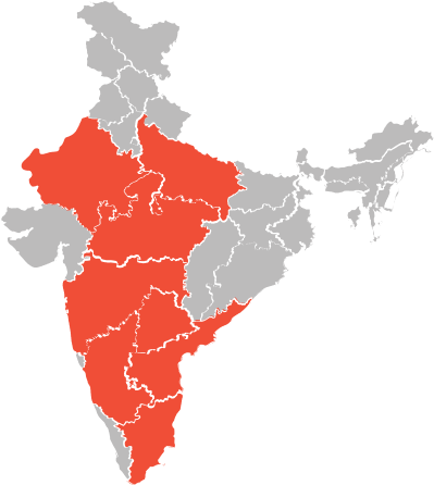 map of India showing farm network locations, Karnataka Telangana Andhra Pradesh Rajasthan Uttar Pradesh Maharashtra highlighted, professional infographic style